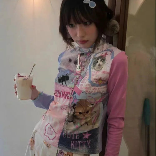 Load image into Gallery viewer, Y2k T Shirts Women's Clothing Dog Print Cute Tees Fashion Japanese Camisetas O-neck Long Sleeve Sweet Tshirt 2024 Ropa Mujer
