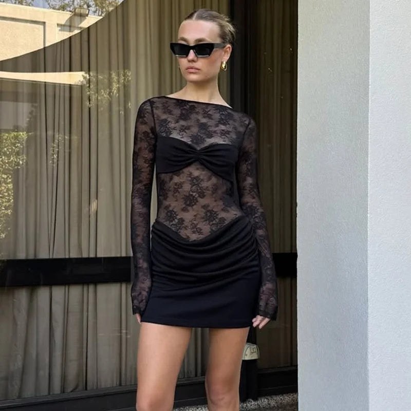 Lace See Through Ruched Sexy Mini Dress Women Elegant Patchwork Long Sleeve Strapless Backless Club Party Dress Female