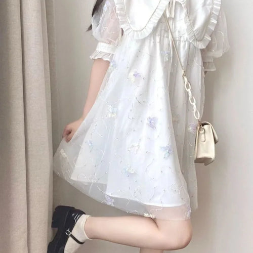 Load image into Gallery viewer, Kawaii Sweet Lolita Dress Soft Girl School Student Preppy Style Cute Mesh Peter Pan Collar Puff Sleeve Short Dresses
