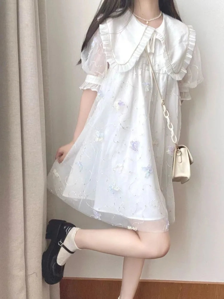 Kawaii Sweet Lolita Dress Soft Girl School Student Preppy Style Cute Mesh Peter Pan Collar Puff Sleeve Short Dresses