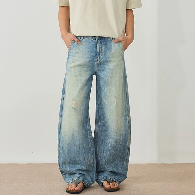 Men's New Summer Washed Lightning Pattern Ripped Trendy Wide Leg Curved Knife Stylish Gradient Color Male Clothing 9W2005