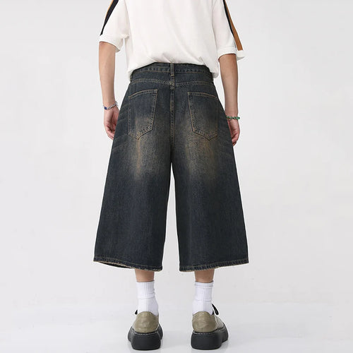 Load image into Gallery viewer, Korean Style Vintage Men&#39;s Jeans Summer Loose Male Wide Leg Knee Length Shorts Washed Fashion Denim Trouser 9A8825
