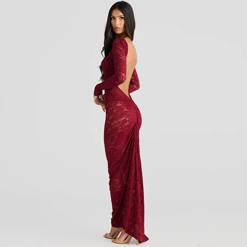 Lace Backless Sexy Maxi Dress For Women Gown Fashion Solid O Neck Long Sleeve Ruched Bodycon Club Long Dress Vestido
