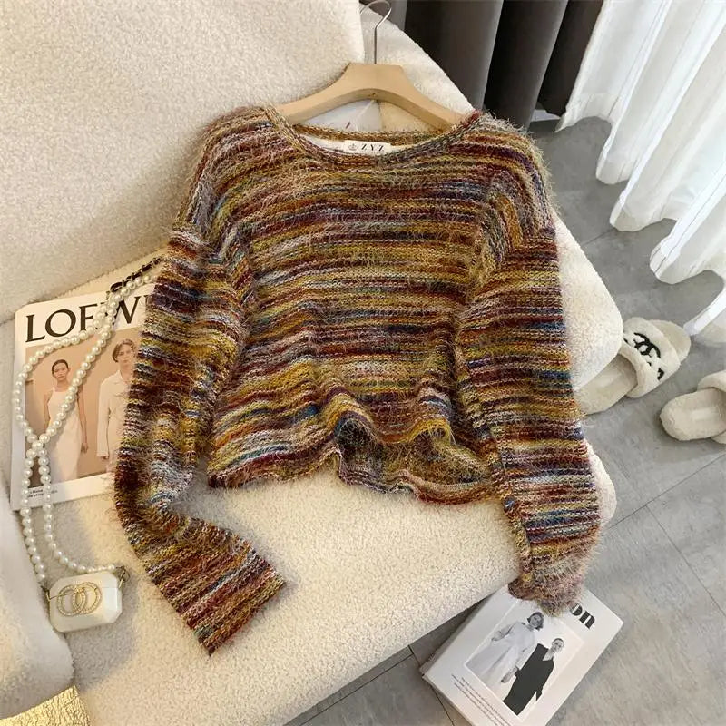 Autumn Winter Vintage O-neck Long Sleeve Casual Mink Striped Patchwork Sweater Women Knitted Pullovers Short Top Boho French Y2k