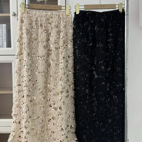 Load image into Gallery viewer, Women Beige Sequins Feather Tassels High Waist Sexy Skirt Fashion Vintage Luxury Black Straight Skirt Spring Autumn Clothing Y2k
