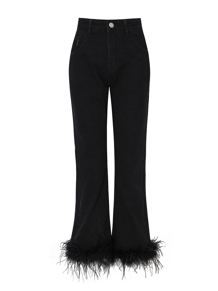 Casual Solid Pants For Women High Waist Minimalist Patchwork Feathers Long Straight Trousers Female Korean Fashion Clothing
