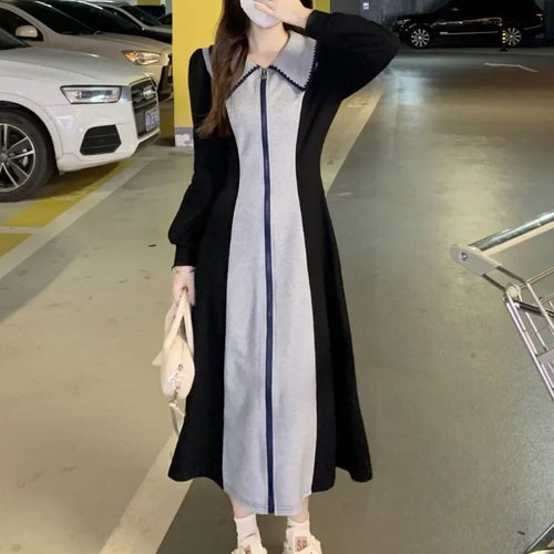 Load image into Gallery viewer, Korean Style Kpop Polo Oversize Dress Women School Casual Sport Long Sleeve Zip Midi Dresses Design Autumn Fashion
