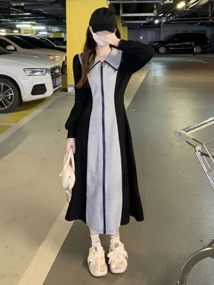 Korean Style Kpop Polo Oversize Dress Women School Casual Sport Long Sleeve Zip Midi Dresses Design Autumn Fashion