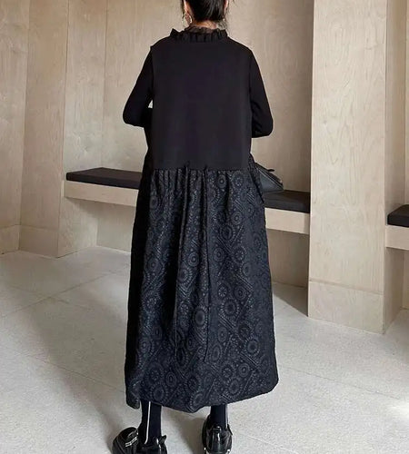 Women Black Pattern Textured Big Size  Long Vest Dress New V-Neck Sleeveless Fashion Tide Spring Autumn 2025 1DH844101