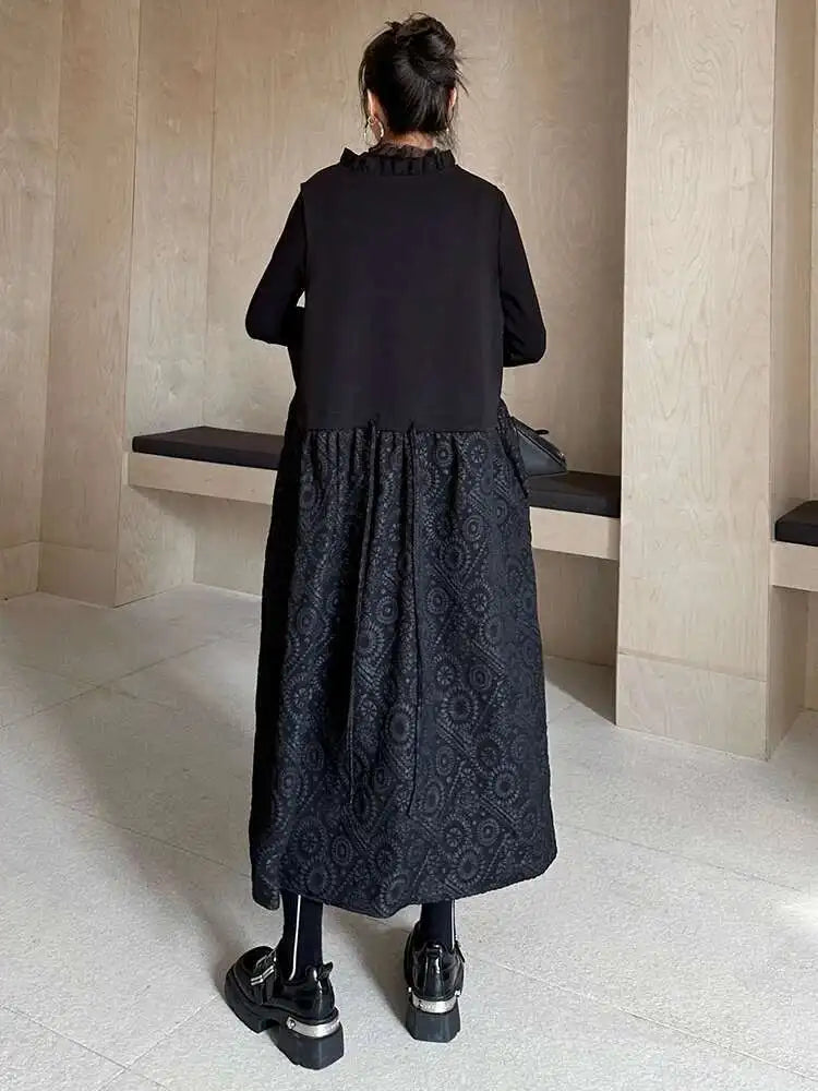 Women Black Pattern Textured Big Size  Long Vest Dress New V-Neck Sleeveless Fashion Tide Spring Autumn 2025 1DH844101