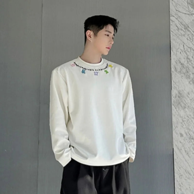 Male T-shirt Korean Style Casual Long Sleeve Round Neck Embroidered Versatile Fashion Pullover Summer 9C5778