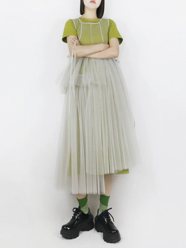 Women Green Mesh Irregular Elegant Dress New Round Neck Sleeveless Loose Fit Fashion Tide Spring Summer 2025 1DF9867