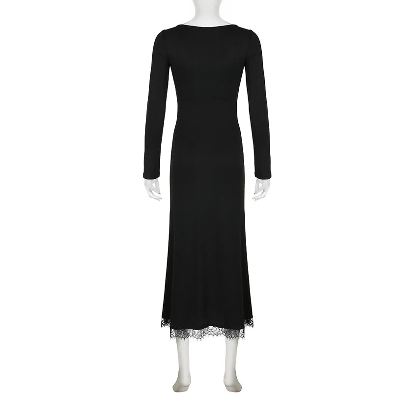 Korean Fashion Black Slim Knit Autumn Dress Female Basic Lace Spliced Solid Casual Long Dress Party Elegant Clothing