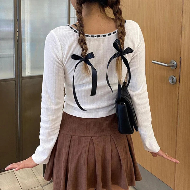 Korean Fashion White Lace Trim Female T-shirt Skinny Sweet Buttons Cute Tee Shirt Autumn Coquette Front Tie-Up Tops