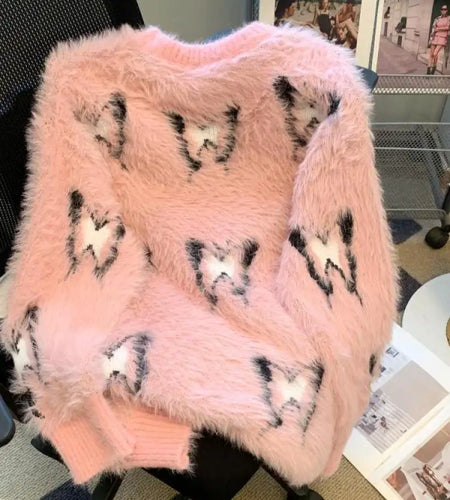 Autumn Winter Vintage Fashion New White Butterfly Print Elegant Mink Sweater Women Pink Round Neck Vacation Pullover Knit Tops