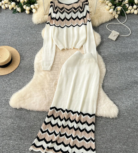 Autumn Winter Two Pieces Set Women Wavy Striped Round Neck Elegant Pullover Short Knit Tops And High Waist Long Skirt Suit Trend