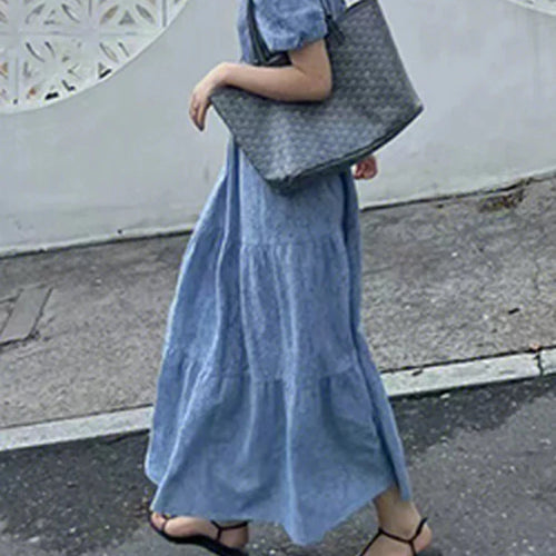 Load image into Gallery viewer, French Style Blue V-neck Women&#39;s Dresses Fashion Office Ladies Summer Slim Waist Puff Sleeve Elegant Female Maxi Dress
