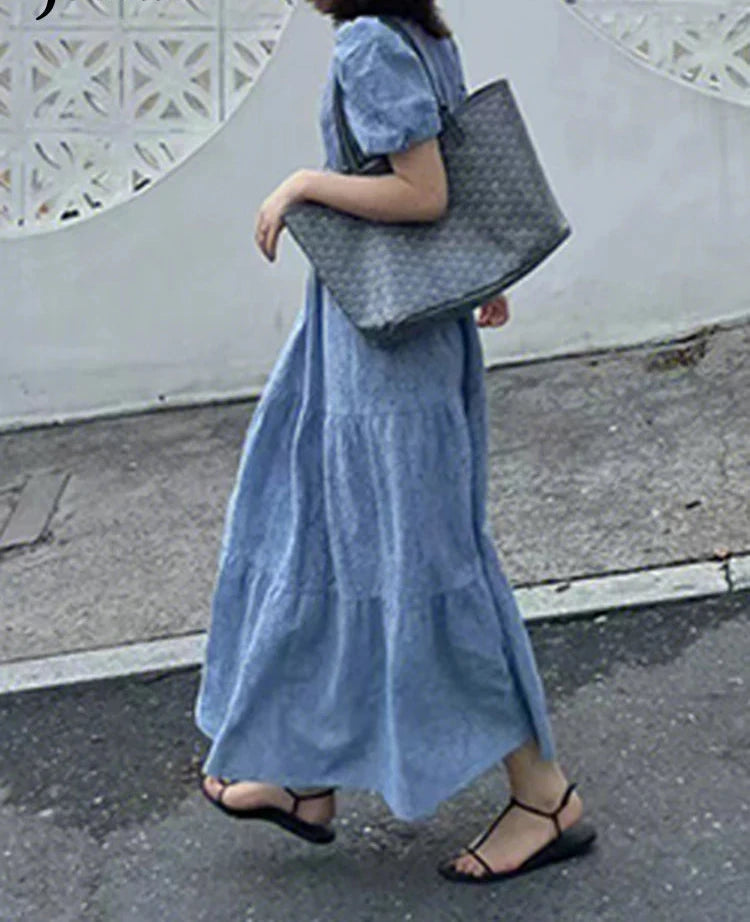 French Style Blue V-neck Women's Dresses Fashion Office Ladies Summer Slim Waist Puff Sleeve Elegant Female Maxi Dress