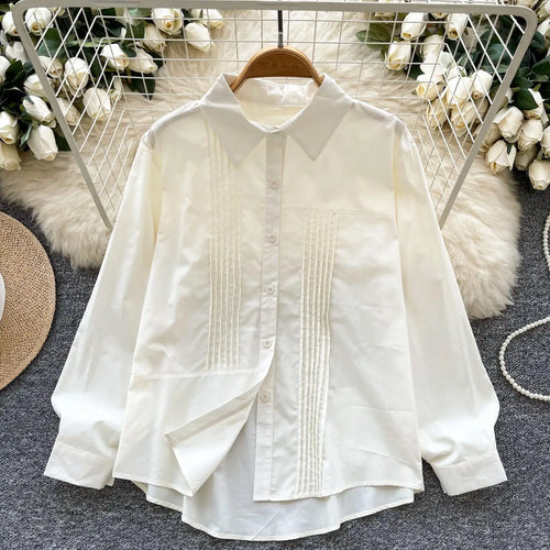 Load image into Gallery viewer, Spring Solid Single Breasted Long Sleeved Holiday Cardigan Shirt Women Loose Versatile Office Lady Pleated Blouse Simplicity New
