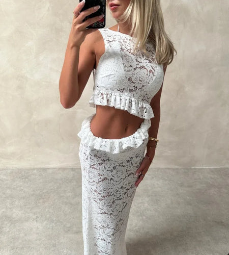 Elegant Sleeveless Lace Patchwork Hollow Out Irregular Dress Women Slim Ruffle Edge Dress Female Sexy Bodycon Party Club