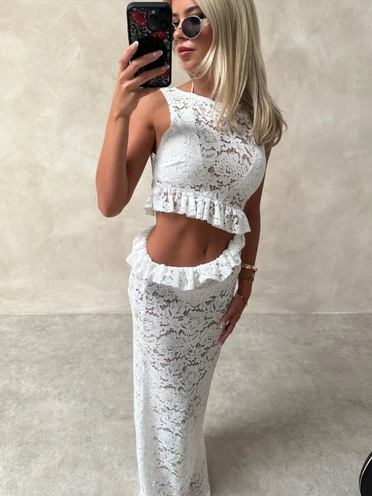 Elegant Sleeveless Lace Patchwork Hollow Out Irregular Dress Women Slim Ruffle Edge Dress Female Sexy Bodycon Party Club