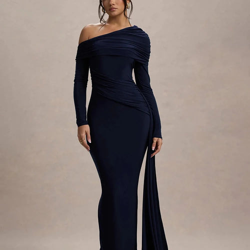 Load image into Gallery viewer, Skew Collar Long Sleeve Sexy Maxi Dress For Women Gown Fashion Backless Draped Ruched Bodycon Club Long Dress Elegant
