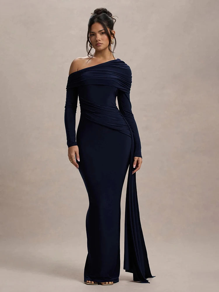 Skew Collar Long Sleeve Sexy Maxi Dress For Women Gown Fashion Backless Draped Ruched Bodycon Club Long Dress Elegant