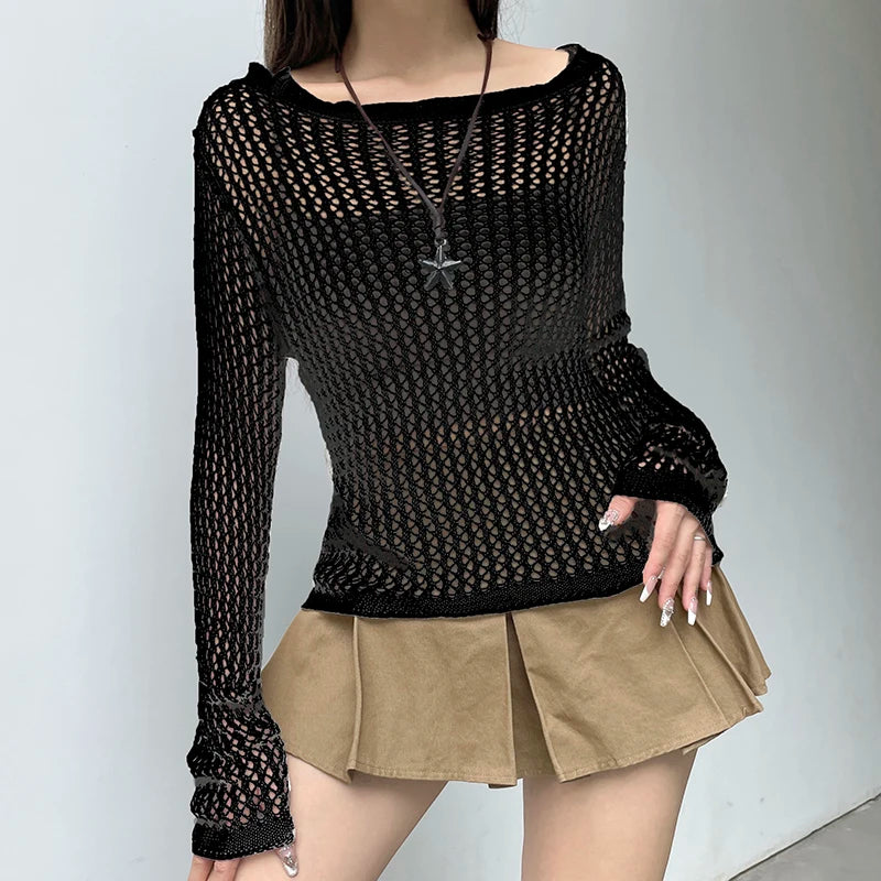 Casual Black Knitted Smock Top Sweater for Women Beach Holidays Summer Pullover Y2K Hollow Out Jumpers Knitwear Chic