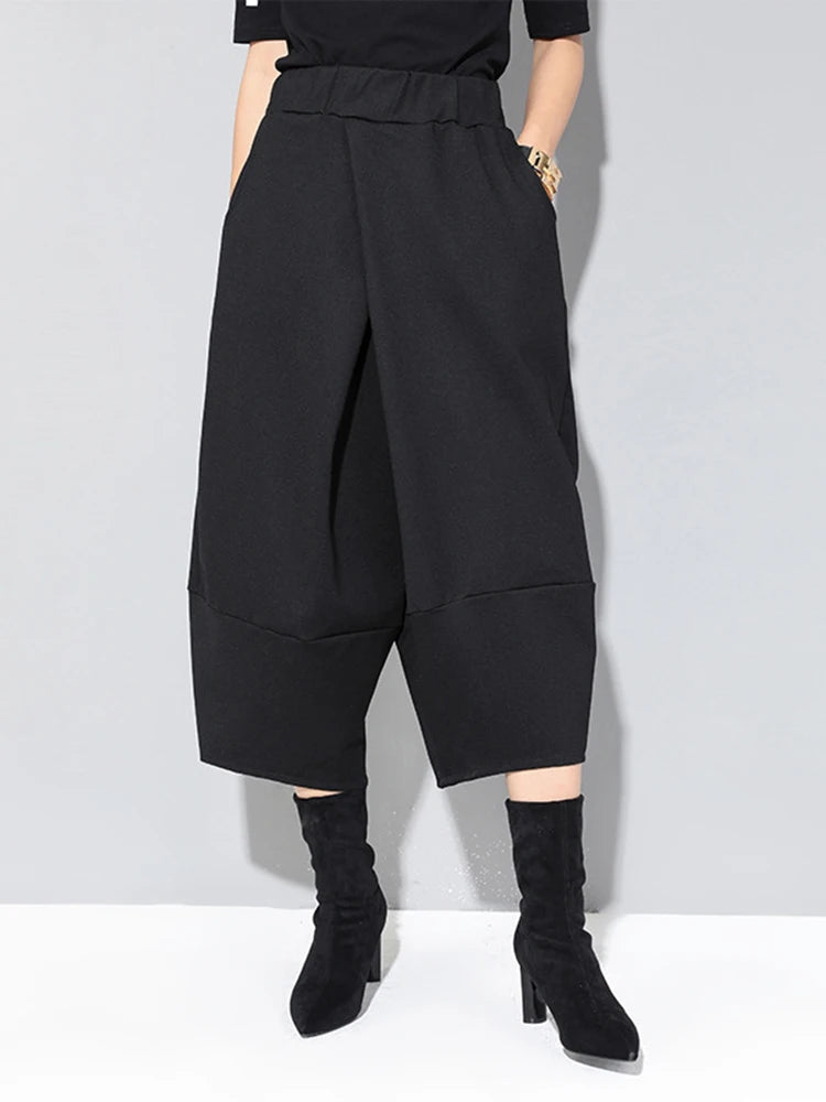 Spring Autumn High Elastic Waist Black Loose Big Pocket Brief Loose Harem Pants Women Trousers Fashion Tide JQ012