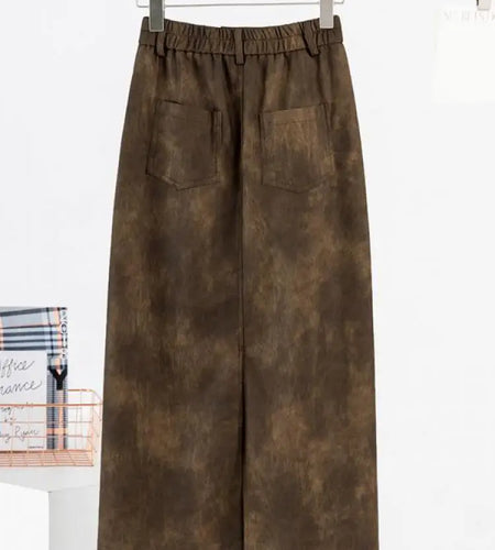 Retro 2024 Autumn Black Sexy Slim Women Split Pu Leather Skirts Fashion Brown Elegant High Waist Versatile Wrap Hip Midi Skirt