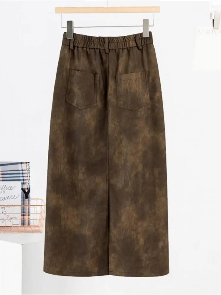Retro 2024 Autumn Black Sexy Slim Women Split Pu Leather Skirts Fashion Brown Elegant High Waist Versatile Wrap Hip Midi Skirt