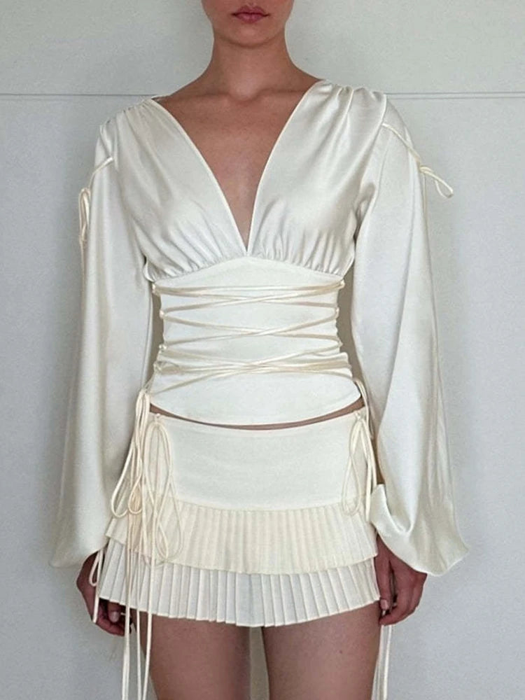 Lace-up Long Sleeve Sexy T-shirt Women Tops White Bandage Deep V Neck Ruched Slim Tees Ladies Fashion Solid Tops