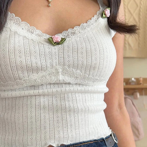 Load image into Gallery viewer, Sweet White Knit Appliques Summer Mini Top for Women Cutecore Lace Trim Y2K Aesthetic Coquette Clothes Korean Camis
