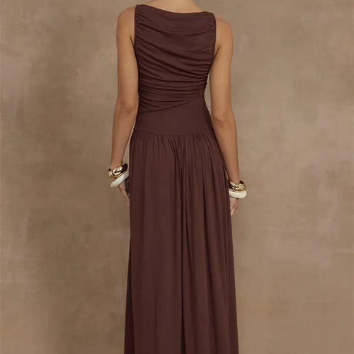 Load image into Gallery viewer, Elegant Sleeveless Maxi Dress For Women Fashion Solid Boat Neck Tank Dresses Ladies Sexy Ruched Long Dress New Gown
