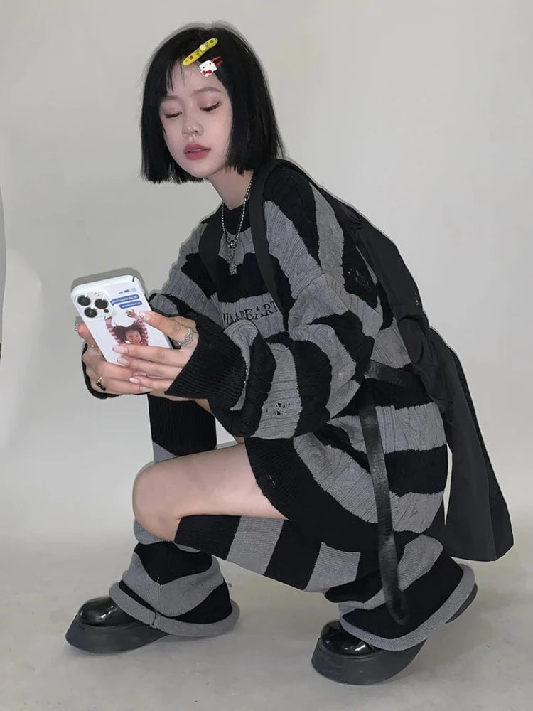 Gothic Sweaters Women Two Pieces Set Harajuku Knitted Striped Jumper + Leg Warmmer Y2k Aesthetic Grunge Tops Streetwear