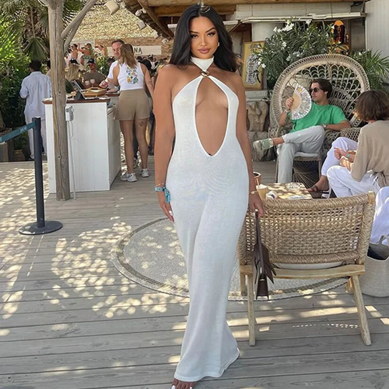 Halter Hollow Out Sexy Maxi Dress For Women Gown Fashion Off-shoulder Sleeveless Backless Bodycon Beach Club Dress