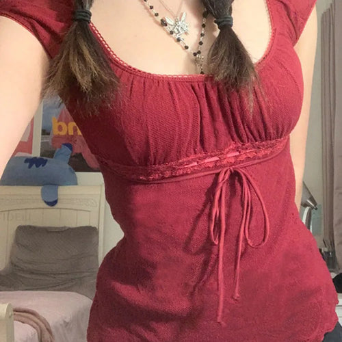 Load image into Gallery viewer, 2000s Aesthetic Sweet Lace Tops Women Off Shoulder Drawstring T-shirt Korean Fashion Female Tee Fairy Grunge Streetwear
