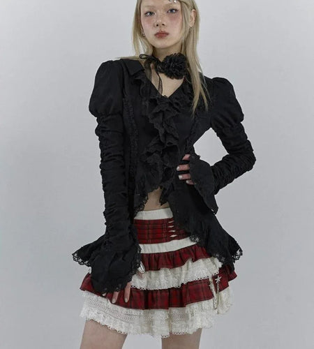 2025 Pleated Sexy Blouse Women Sexy Slim Harajuku Ruffled Tops Y2k Aesthetic Lace Patchwork Grunge Blusas Streetwear De Mujer