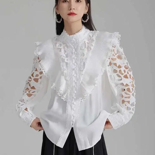 Load image into Gallery viewer, Women White Hollow Out Embroidery Vintage Blouse New Stand Collar Long Sleeve Shirt Fashion Spring Autumn 2025 1DH3997
