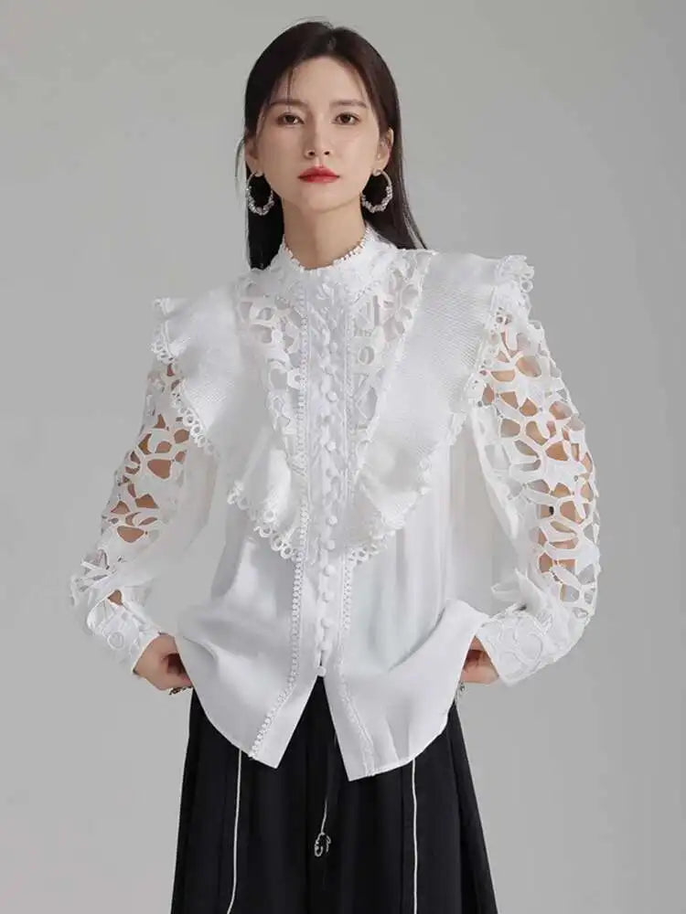 Women White Hollow Out Embroidery Vintage Blouse New Stand Collar Long Sleeve Shirt Fashion Spring Autumn 2025 1DH3997