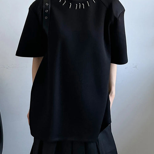 Load image into Gallery viewer, Women Black Metal Decoration Big Size Casual T-shirt New Round Neck Short Sleeve Fashion Tide Spring Summer 2025 1DJ1233
