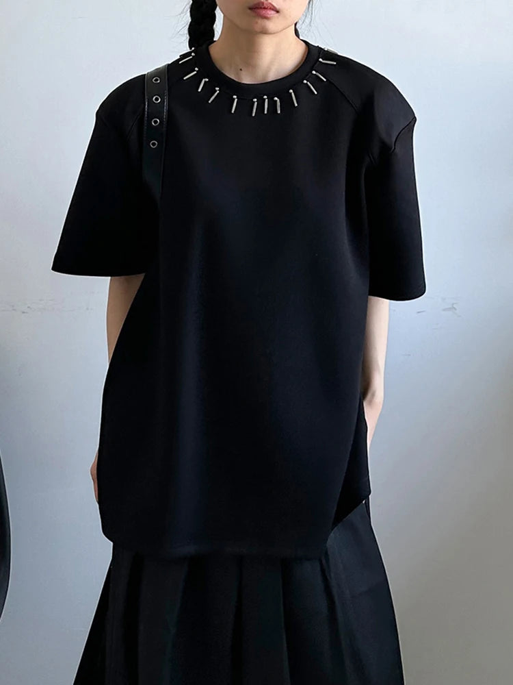 Women Black Metal Decoration Big Size Casual T-shirt New Round Neck Short Sleeve Fashion Tide Spring Summer 2025 1DJ1233