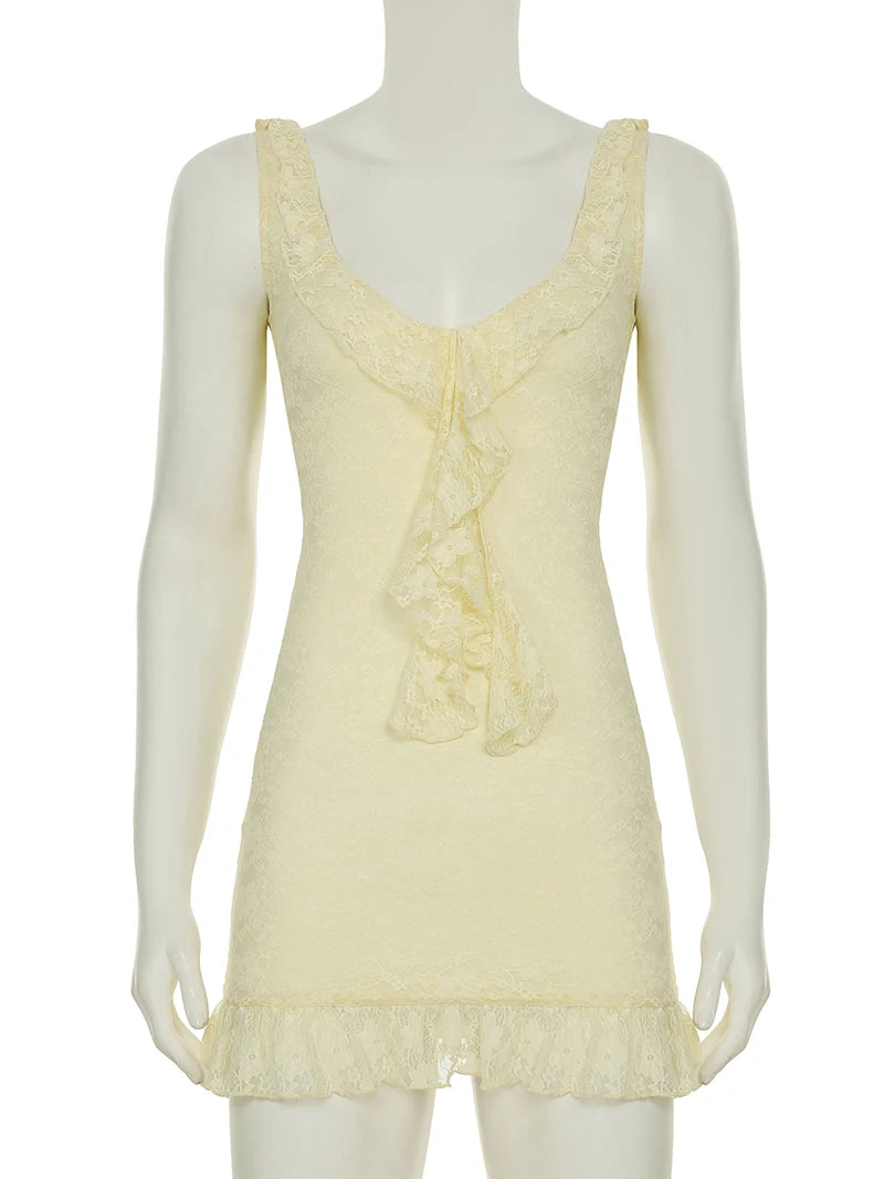 Lace Sleeveless Ruffle Sexy Mini Dress For Women Robe Elegant Deep V Neck Backless Bodycon Club Party Dress Vestido