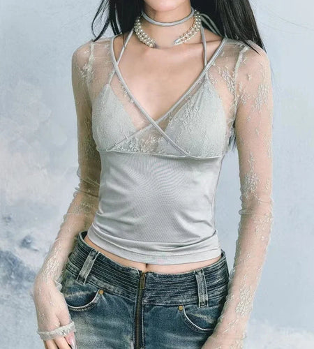 Y2k Aesthetic Lace Patchwork Crop Top Vintage Harajuku V Neck Bandage T-shirts Streetwear See Through Slim Fit Grunge Tees Women