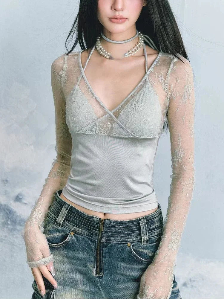 Y2k Aesthetic Lace Patchwork Crop Top Vintage Harajuku V Neck Bandage T-shirts Streetwear See Through Slim Fit Grunge Tees Women