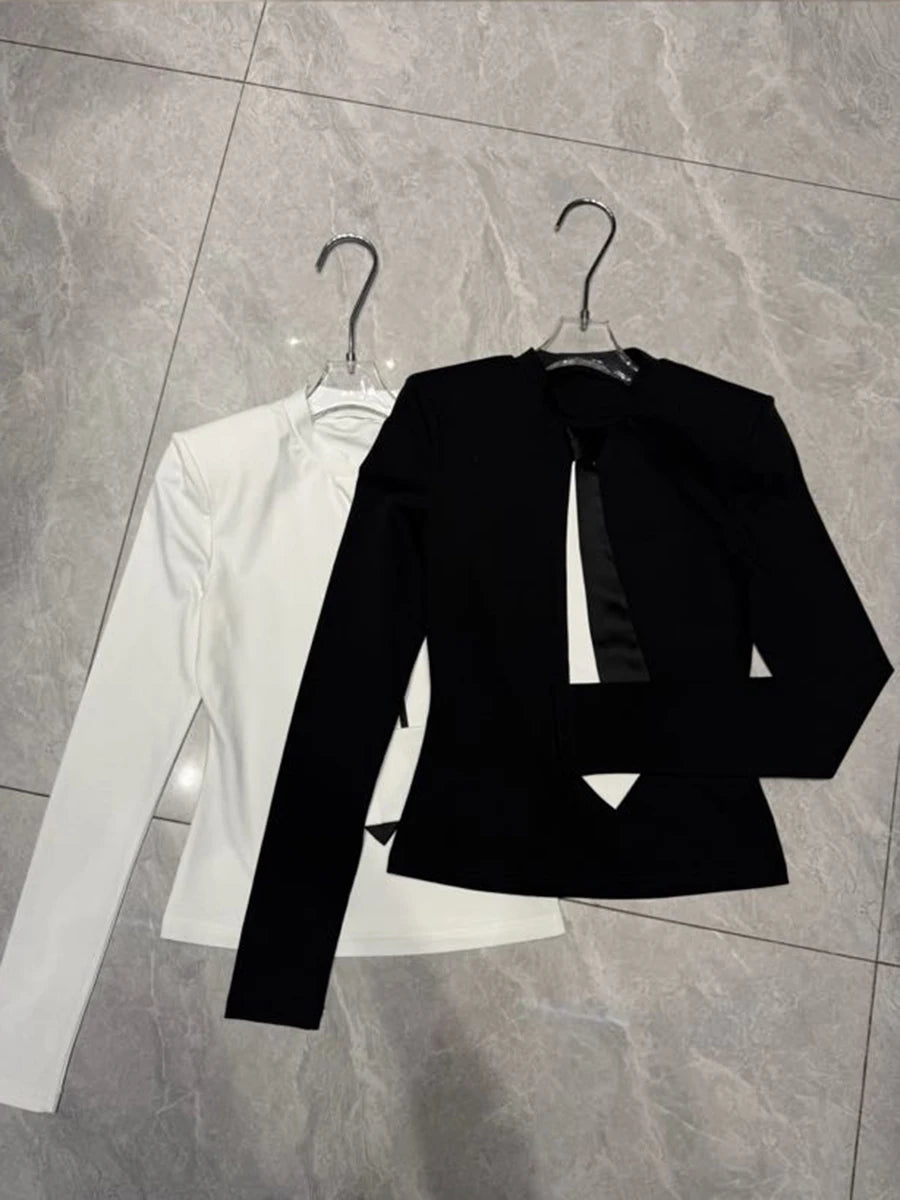 Colorblock Slimming Spliced Necktie Fashion T Shirts for Women Round Neck Long Sleeves Temperament T Shirt Female