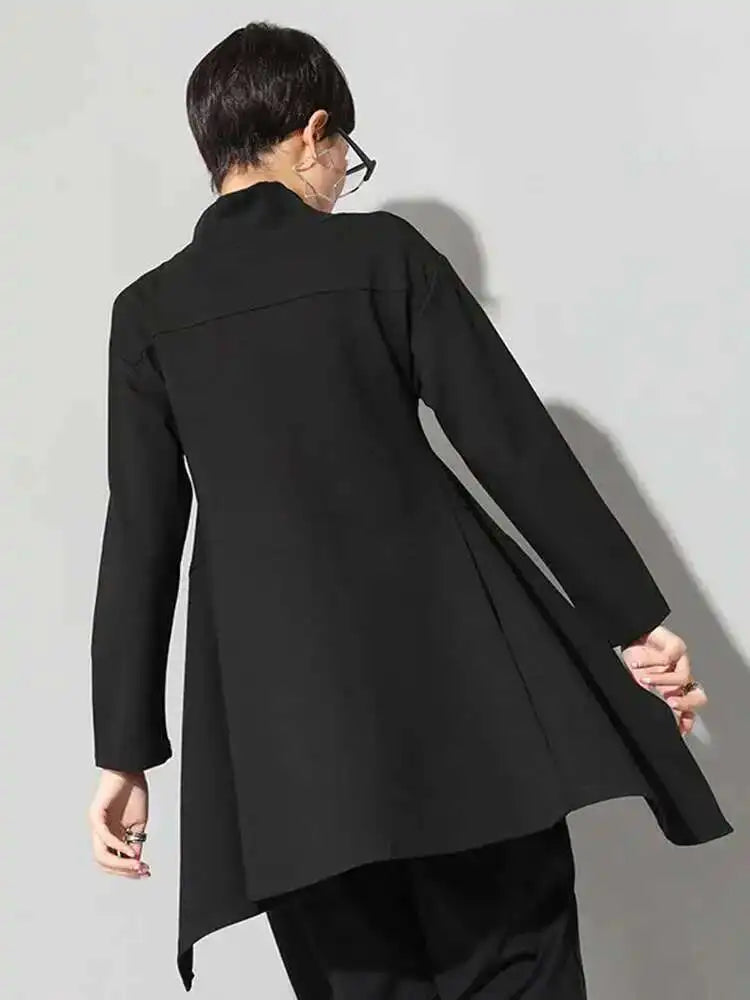 Women Black Irregular Hem Back Long Casual T-shirt New Turtleneck Long Sleeve Fashion Tide Spring Autumn 2025 1DF4653