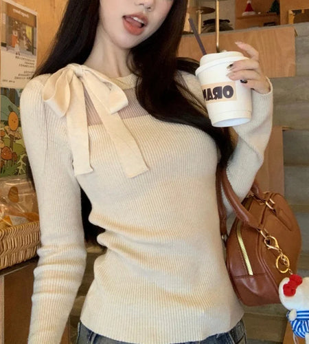 y2k Fairycore Top Women Clothing Solid Color Tie Bow Round Neck Long Sleeve Knitted T Shirt 2000s Clothes Streetwear