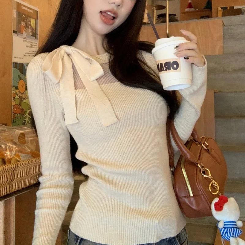 y2k Fairycore Top Women Clothing Solid Color Tie Bow Round Neck Long Sleeve Knitted T Shirt 2000s Clothes Streetwear