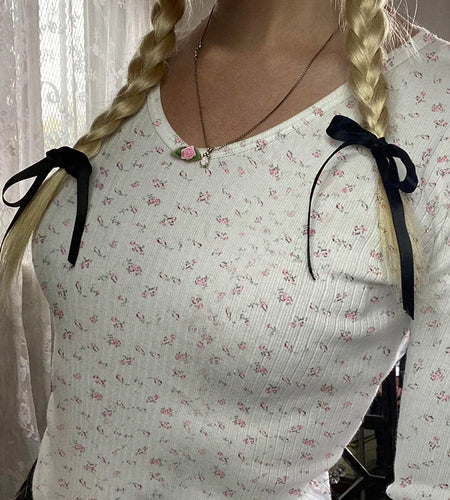 Sweet Coquette Autumn Tee Women Crop Tops Korean Style Skinny Small Flowers Print T-shirts Cutecore Preppy Style